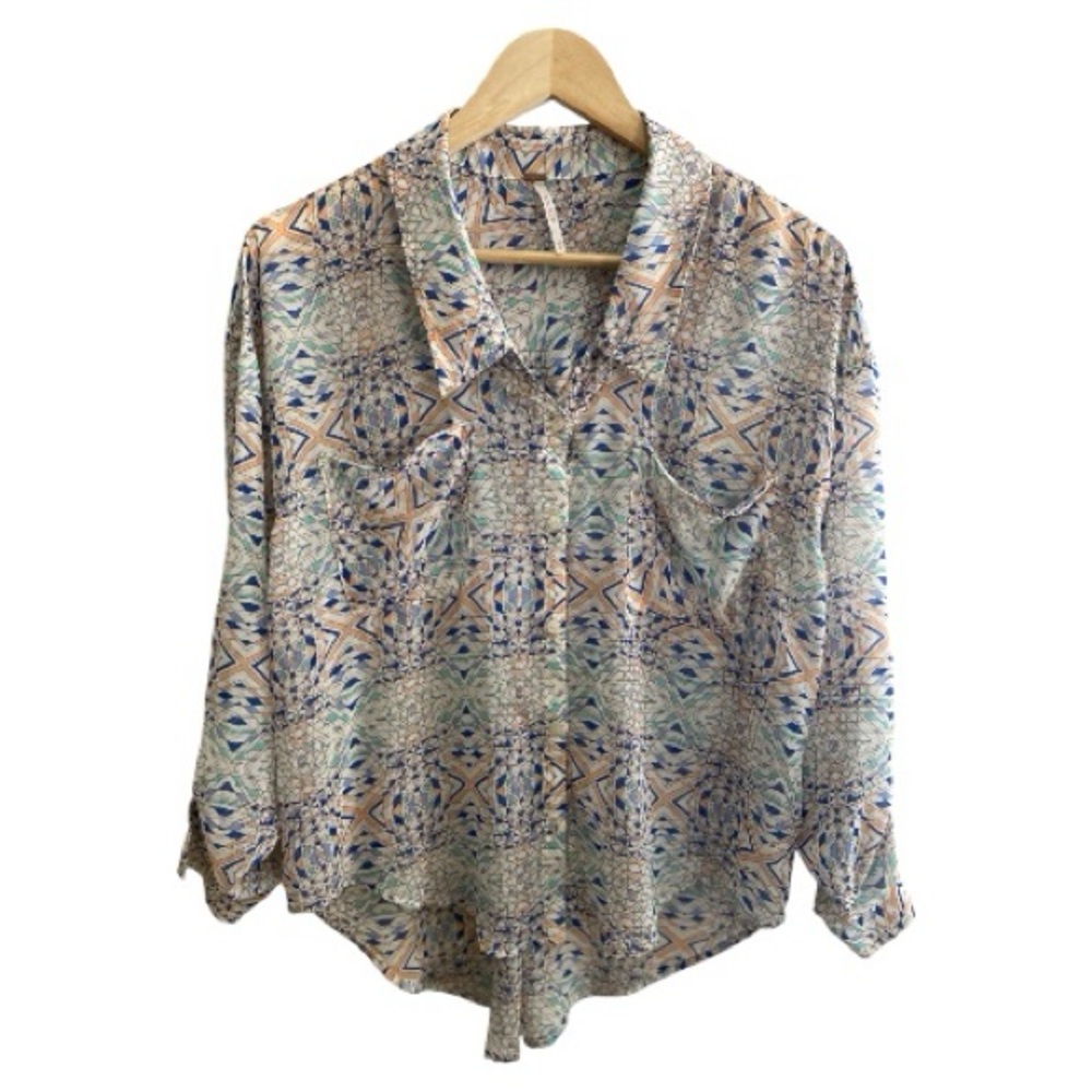Free People Easy Rider Sheer Geometric Print Long Sleeve Button Down Blouse XS